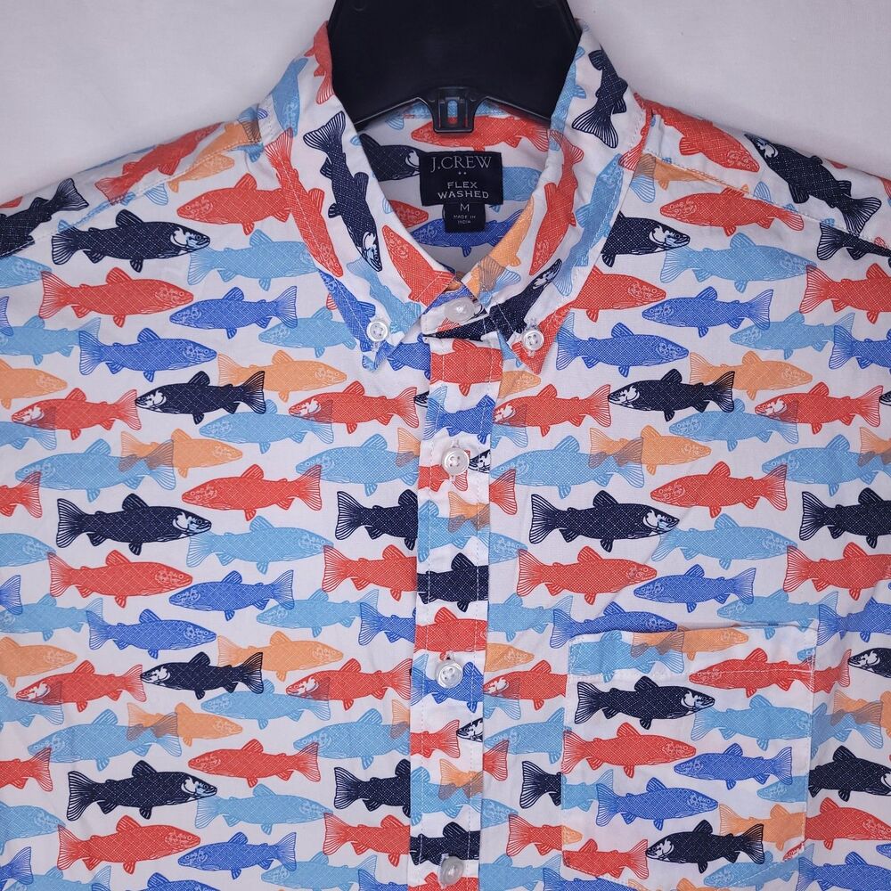 J Crew Shirt Mens Medium Trout Print Colorful Short Sleeve Flex Washed Slim Fit